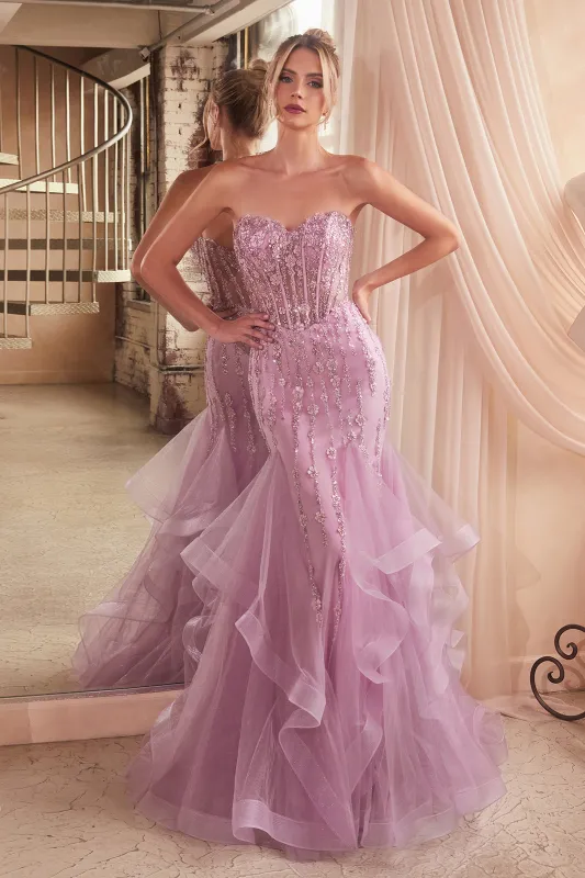 CINDERELLA DIVINE CD332 Strapless Tiered Beaded Mermaid Gown sold by The Gown Galleria