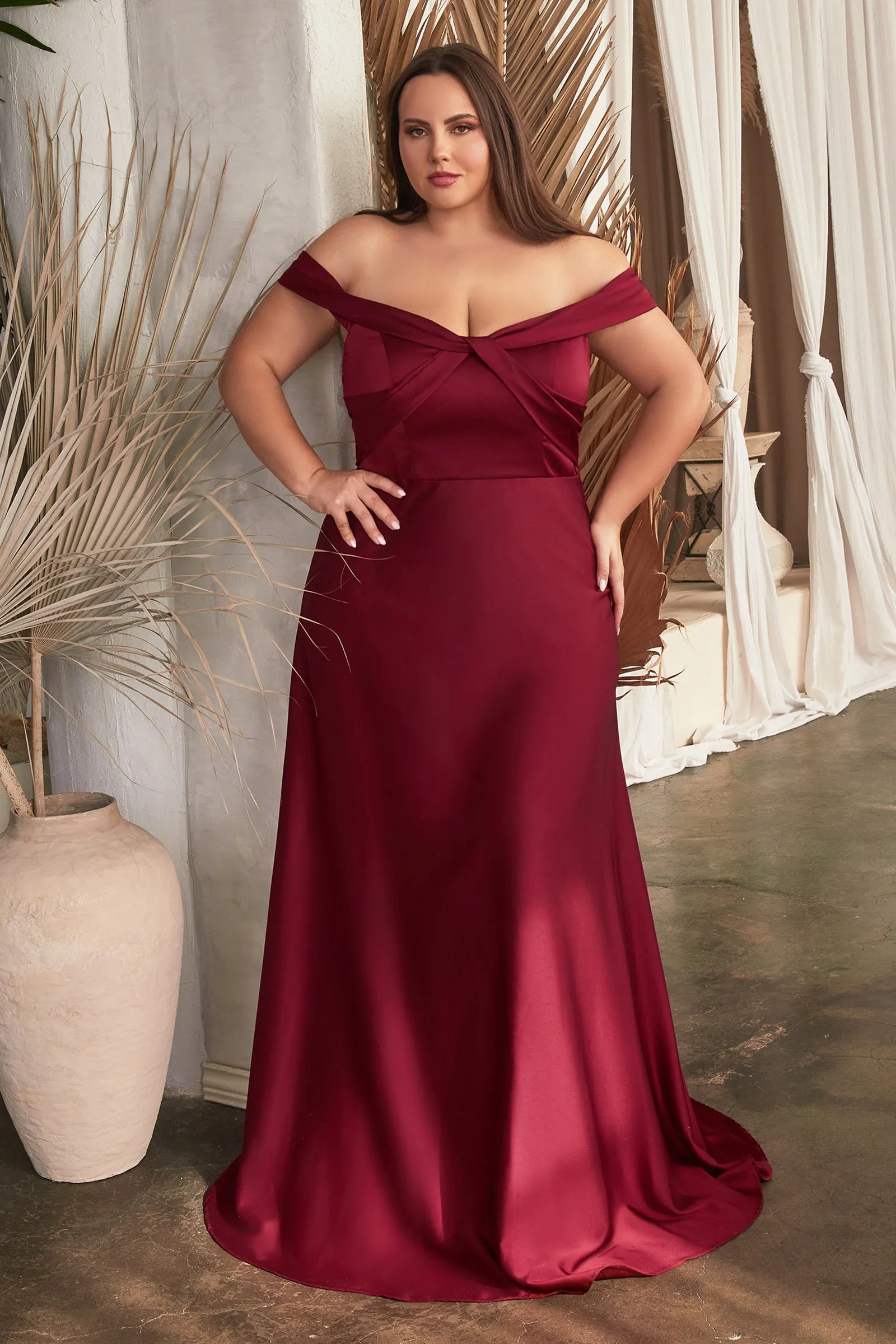 CINDERELLA DIVINE CD325C A- Line Off-Shoulder Satin Dress sold by The Gown Galleria