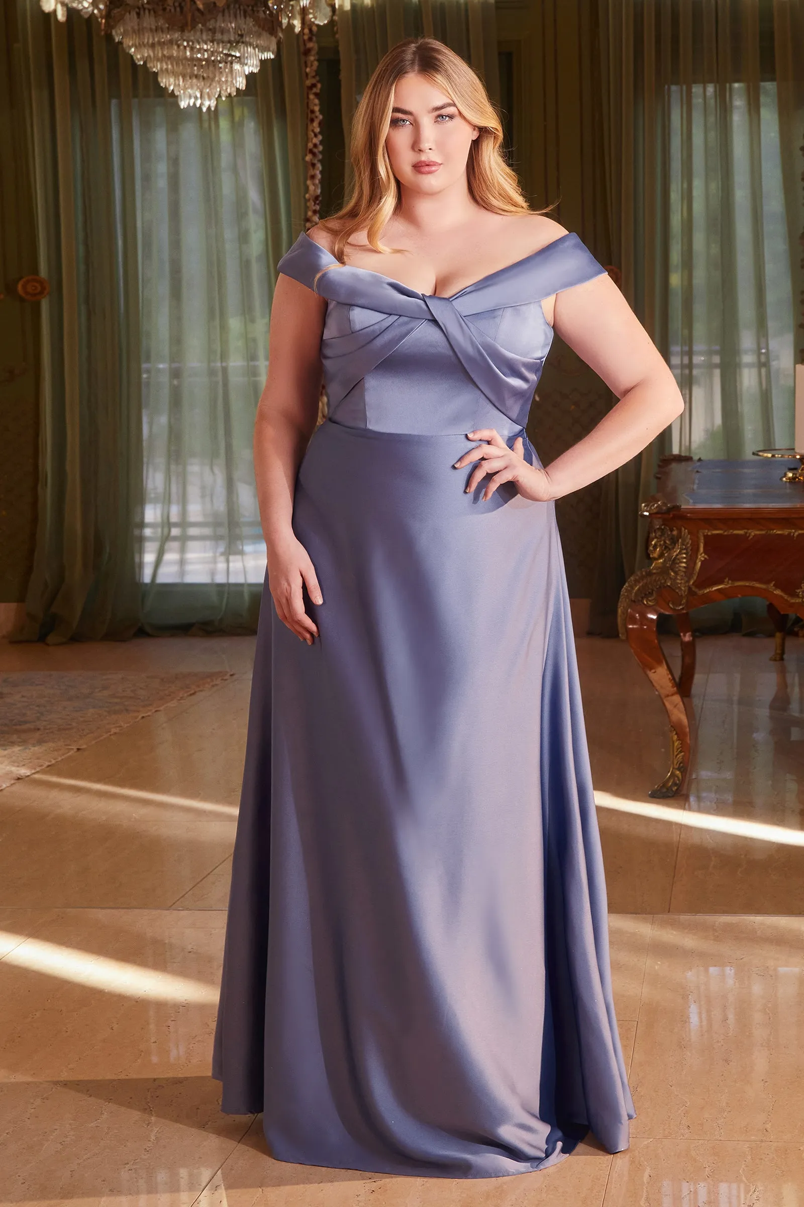 CINDERELLA DIVINE CD325C A- Line Off-Shoulder Satin Dress sold by The Gown Galleria product image thumbnail 5