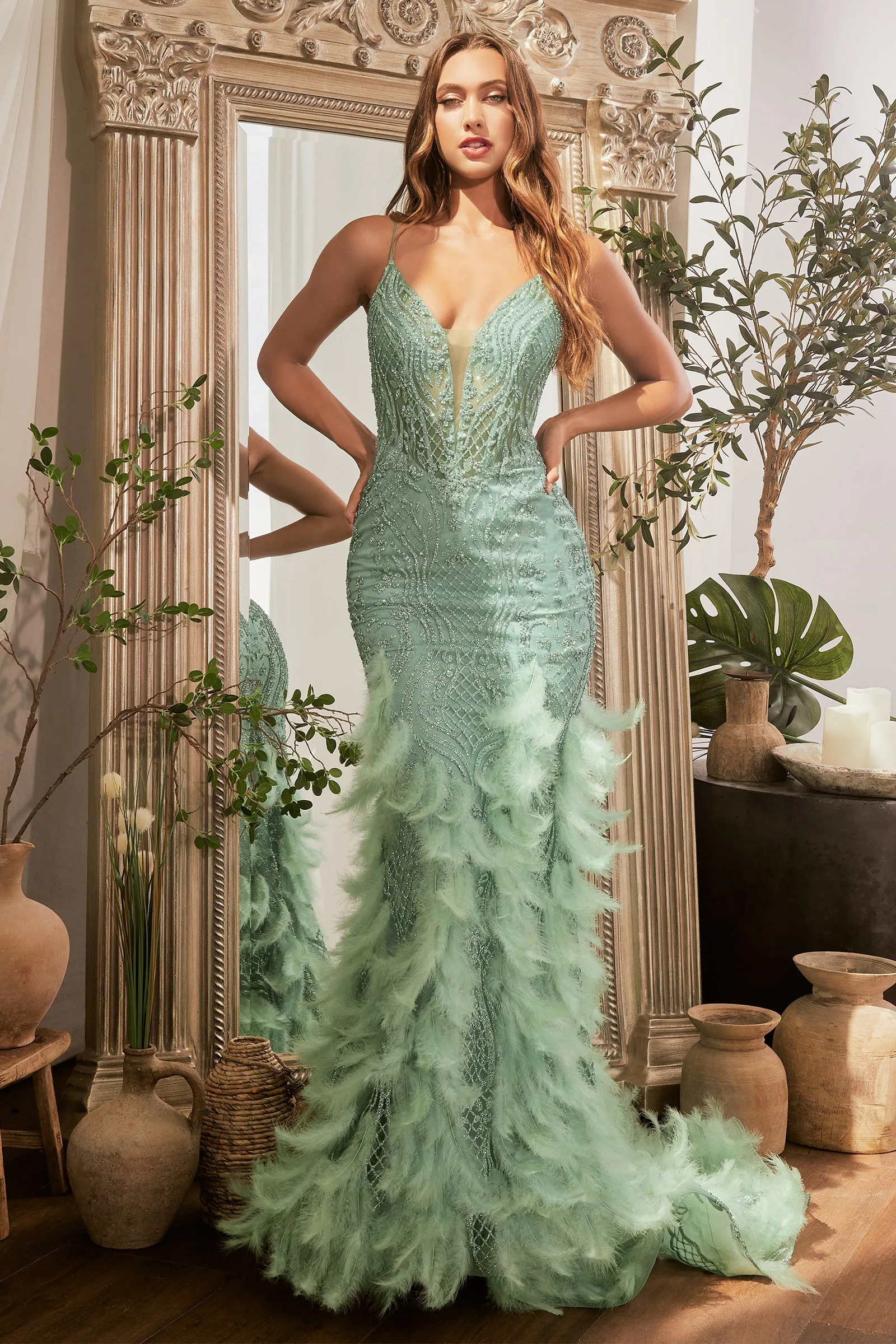 CINDERELLA DIVINE CC1608 Fitted Feathered Mermaid Gown sold by The Gown Galleria product image thumbnail 3