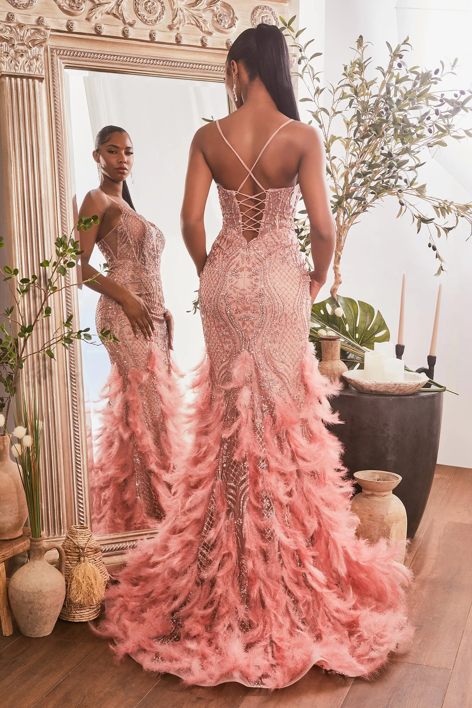 CINDERELLA DIVINE CC1608 Fitted Feathered Mermaid Gown sold by The Gown Galleria product image thumbnail 2