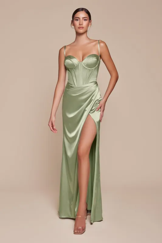 CINDERELLA DIVINE 7495 Fitted Satin Bustier Draped Gown sold by The Gown Galleria