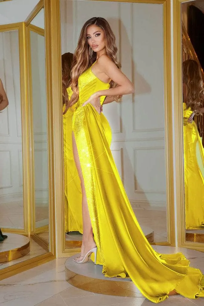 PORTIA & SCARLETT PS22158 Satin Heat-Set Stone Gown with High-Slit sold by The Gown Galleria product image thumbnail 2