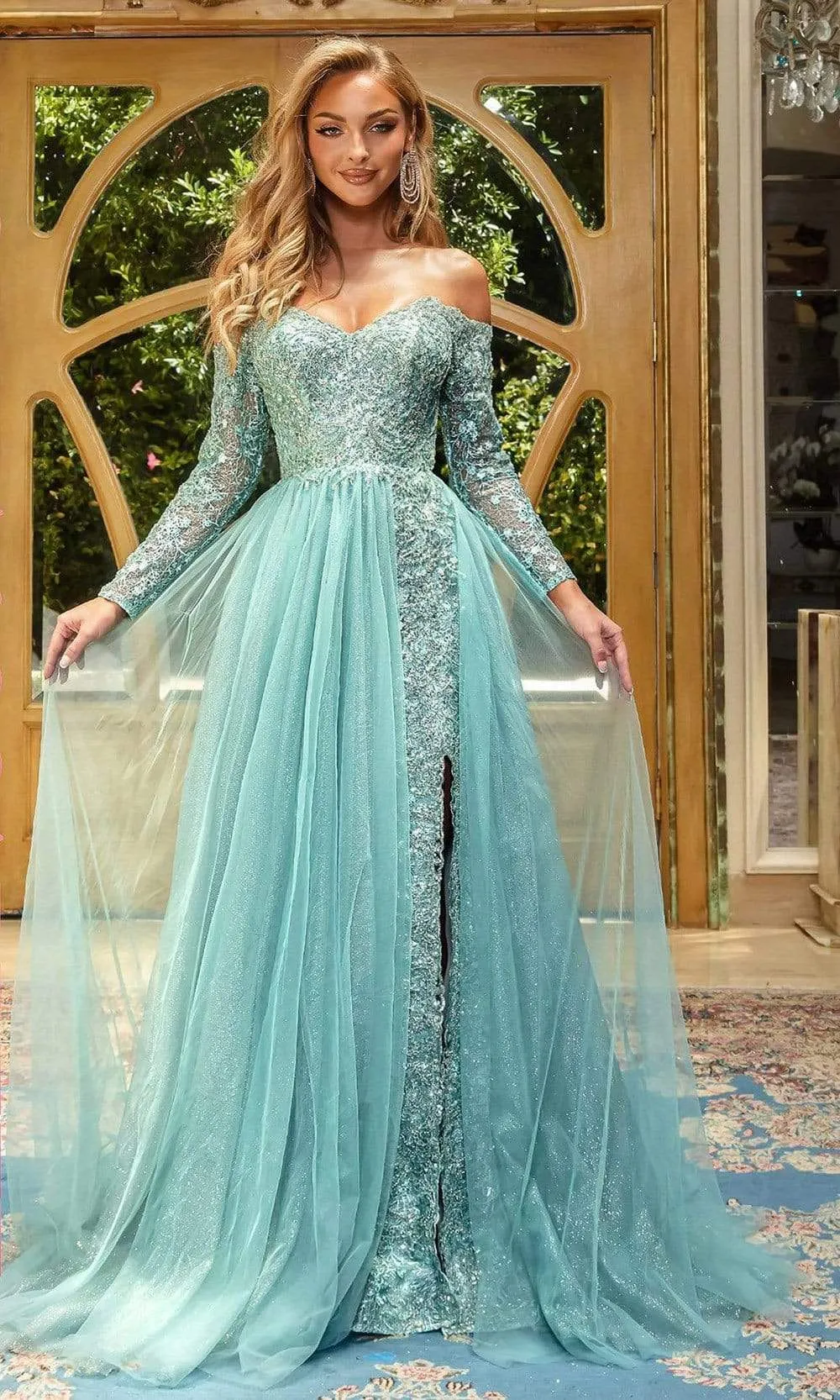 PORTIA & SCARLETT PS22924 A-Line Off-Shoulder Gown with High-Slit sold by The Gown Galleria