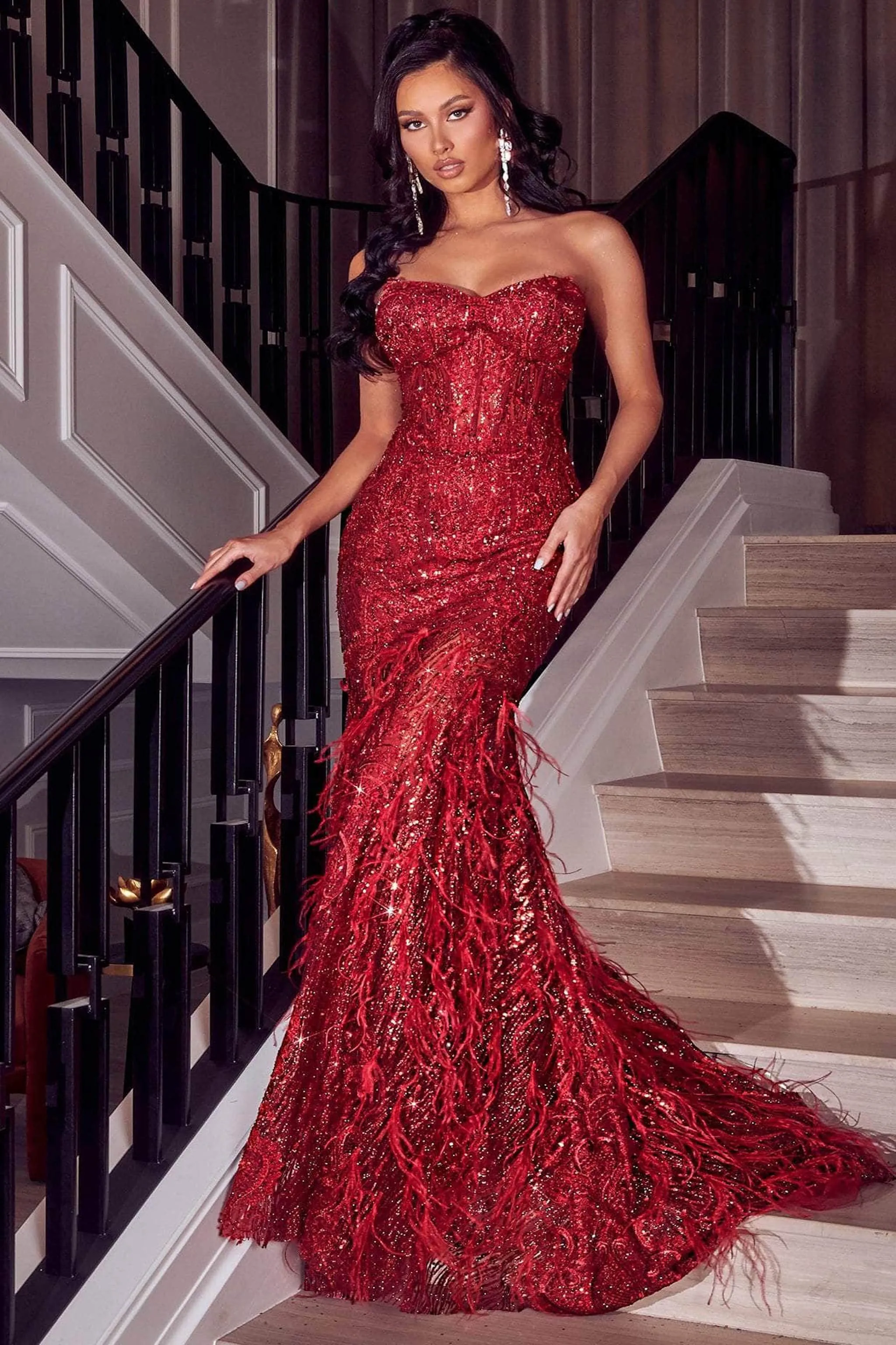 PORTIA & SCARLETT PS23263 Strapless Trumpet Evening Gown with Feather Skirt sold by The Gown Galleria