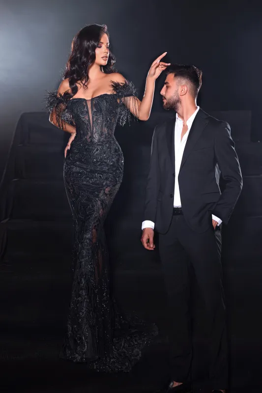 PORTIA & SCARLETT PS23441 Feather Cap Sleeves Corset Gown sold by The Gown Galleria