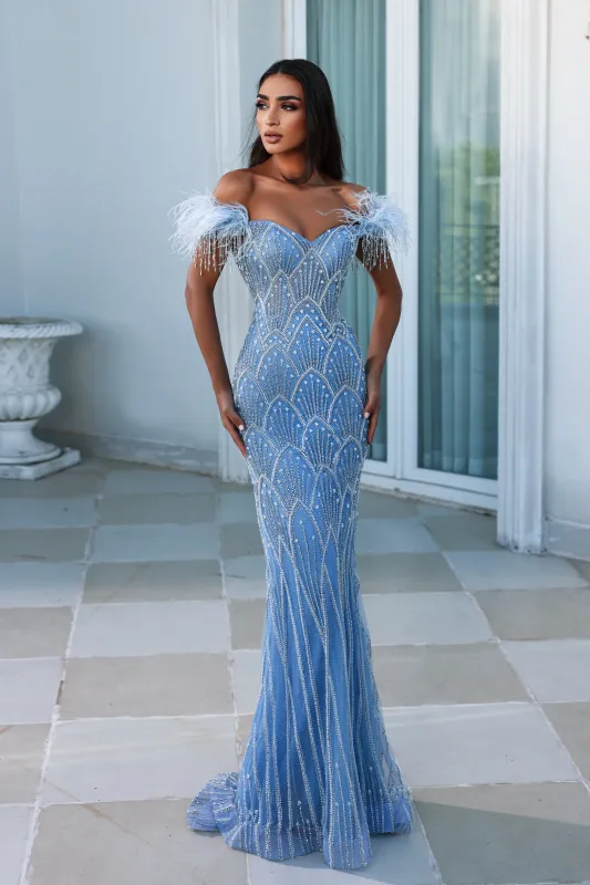 PORTIA & SCARLETT PS23994 Off-Shoulder Beaded Feather Fringe Dress sold by The Gown Galleria