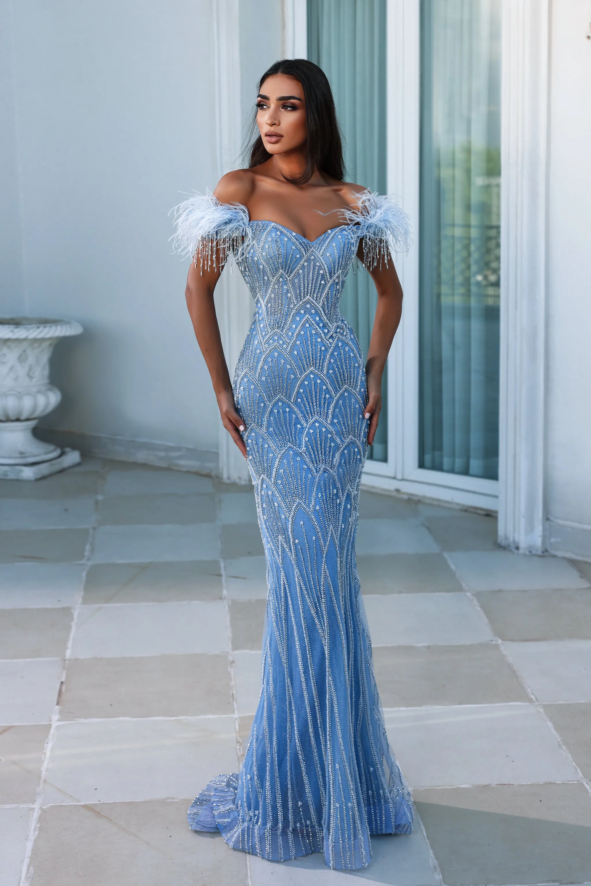PORTIA & SCARLETT PS23994 Off-Shoulder Beaded Feather Fringe Dress sold by The Gown Galleria