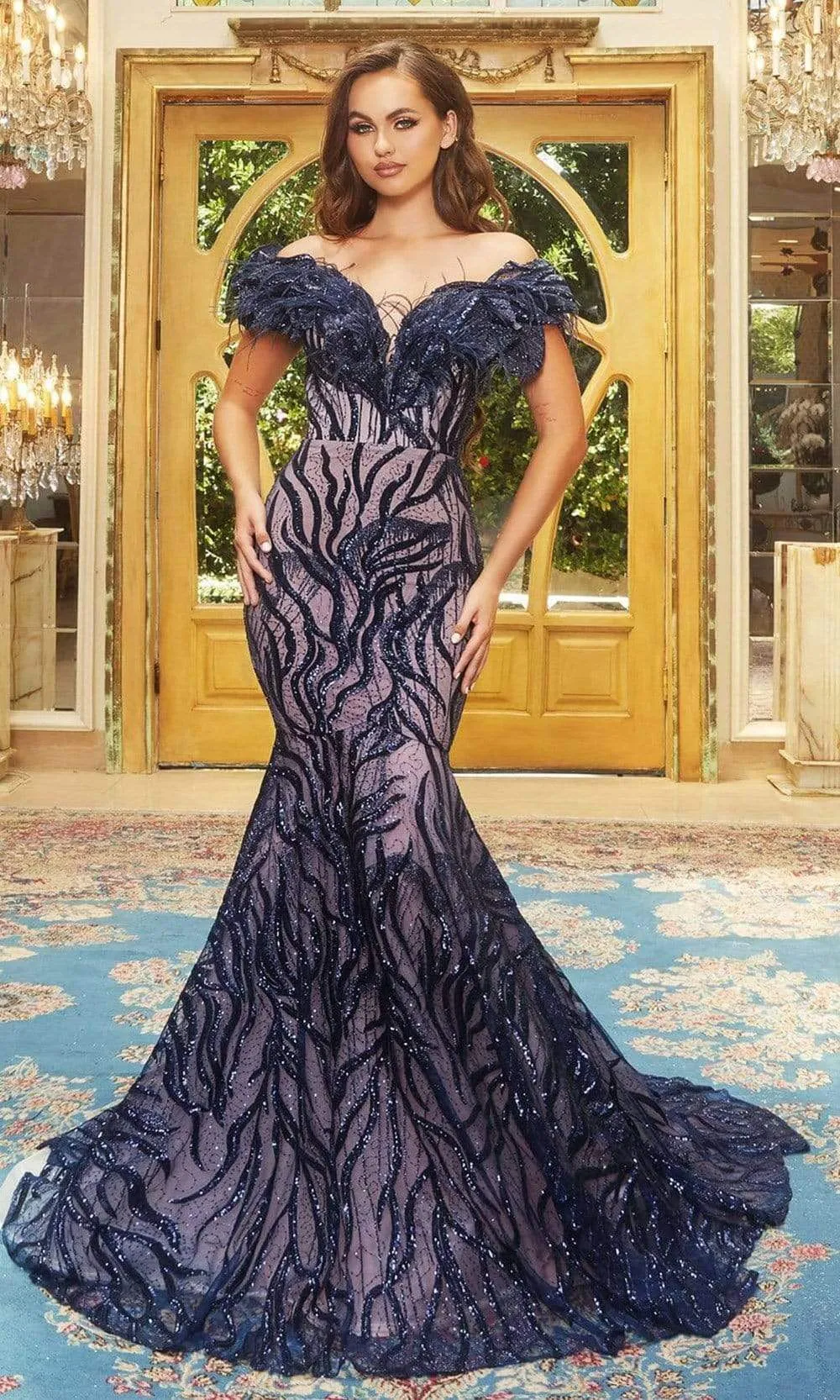 PORTIA & SCARLETT PS22227 Off-Shoulder Mermaid Dress with Feather sold by The Gown Galleria