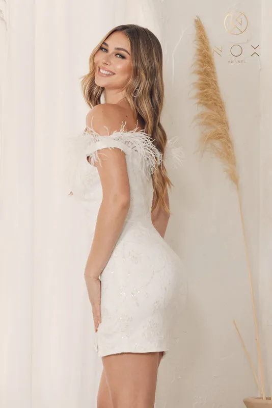 NOX ANABEL T790 Feathered Off Shoulder Glitter Print Short Cocktail Dress sold by The Gown Galleria product image thumbnail 5