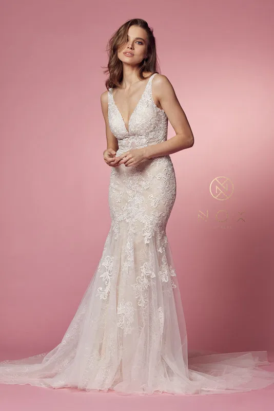 NOX ANABEL H493 V Neck Open Back Wedding Dress sold by The Gown Galleria