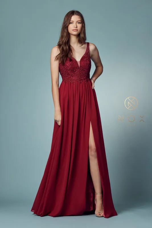 NOX ANABEL Y299 Beaded Lace Applique Bodice A-Line Gown sold by The Gown Galleria
