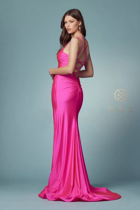 NOX ANABEL T481 Fitted Strappy Back Scoop Neck Slit Gown sold by The Gown Galleria product image thumbnail 2