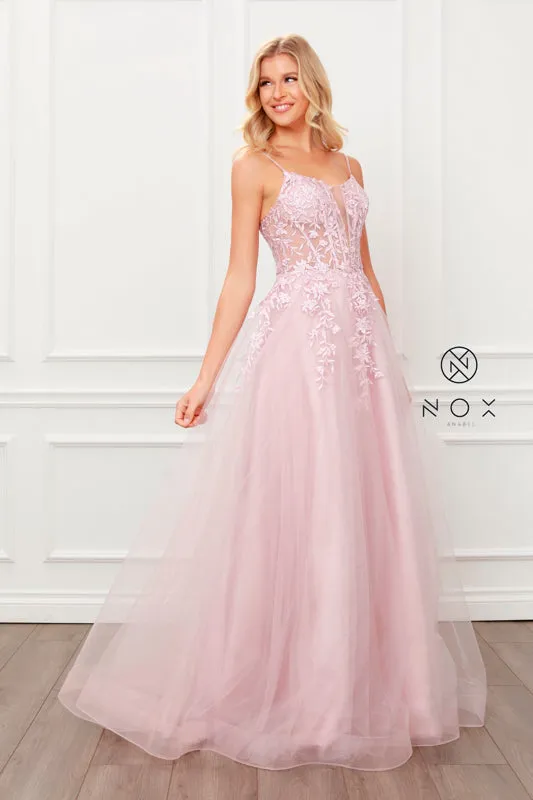 NOX ANABEL T449 Foral Applique Scoop Neck Gown sold by The Gown Galleria product image thumbnail 3