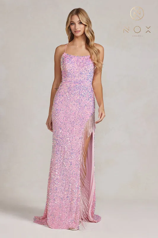 NOX ANABEL T1209 Fitted Fringe Slit Sequin Gown sold by The Gown Galleria