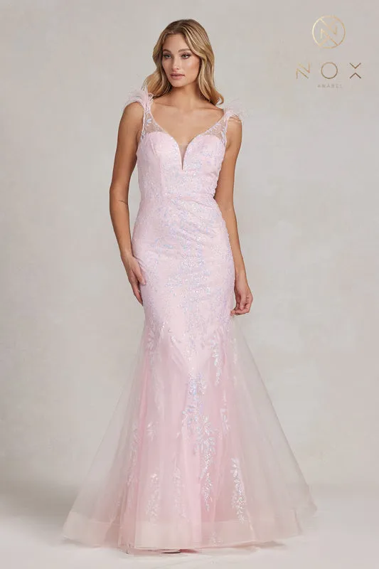 NOX ANABEL T1208 Embellished Feather Strap Mermaid Gown sold by The Gown Galleria