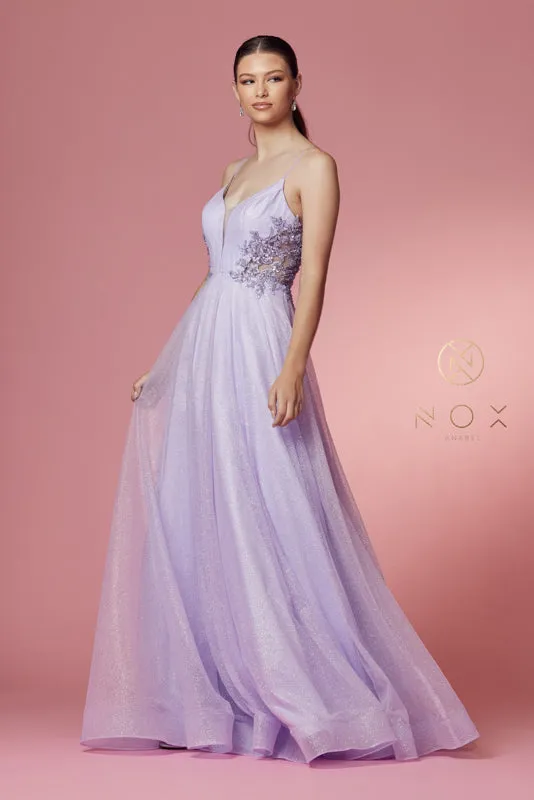 NOX ANABEL T1033 Floral Embroidered Glitter A-Line Dress sold by The Gown Galleria