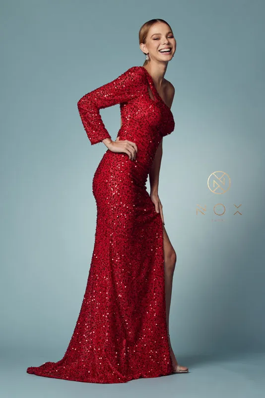 NOX ANABEL S1013 One Sleeve Cutout Shimmering Sequin Gown sold by The Gown Galleria product image thumbnail 4