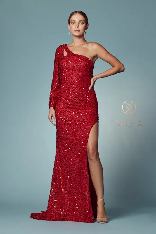 NOX ANABEL S1013 One Sleeve Cutout Shimmering Sequin Gown sold by The Gown Galleria