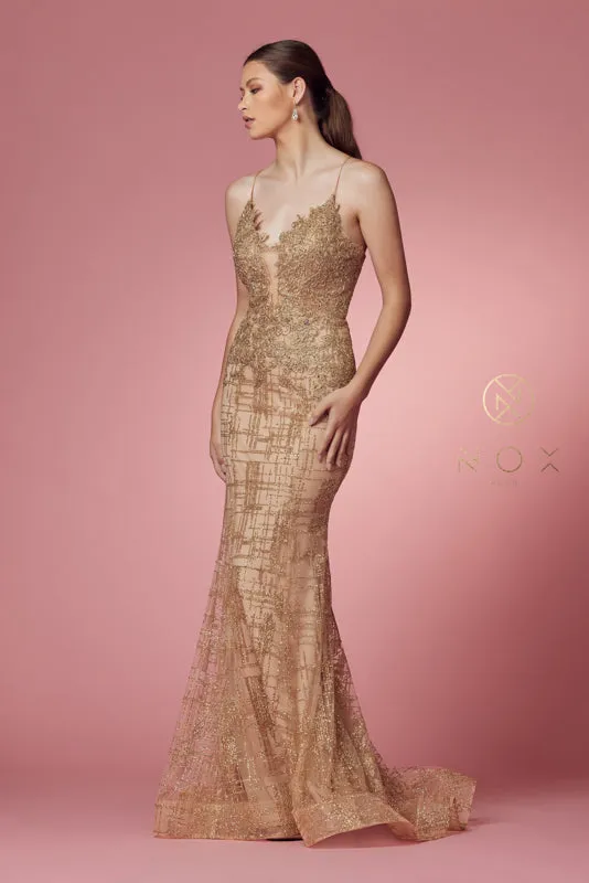 NOX ANABEL R282-1 Lace Applique Glitter V-Neck Mermaid Gown sold by The Gown Galleria product image thumbnail 3