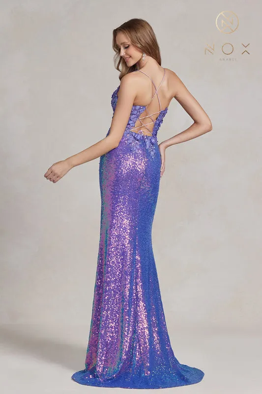NOX ANABEL R1207 Fitted 3D Floral Sequin Split Gown sold by The Gown Galleria product image thumbnail 2