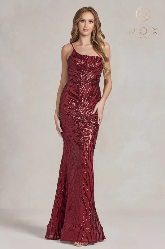 NOX ANABEL R1204 One Shoulder Slit Print Sequin Gown sold by The Gown Galleria