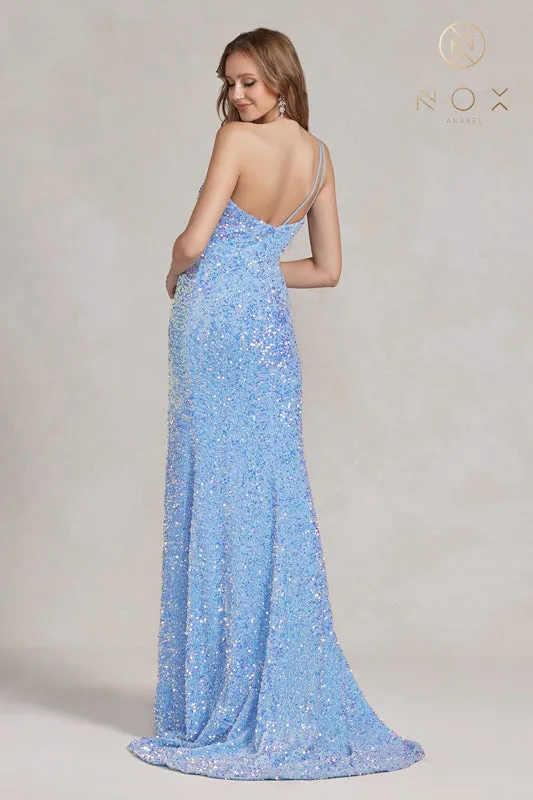 NOX ANABEL R1202 One Shoulder Slit Sequin Gown sold by The Gown Galleria product image thumbnail 2