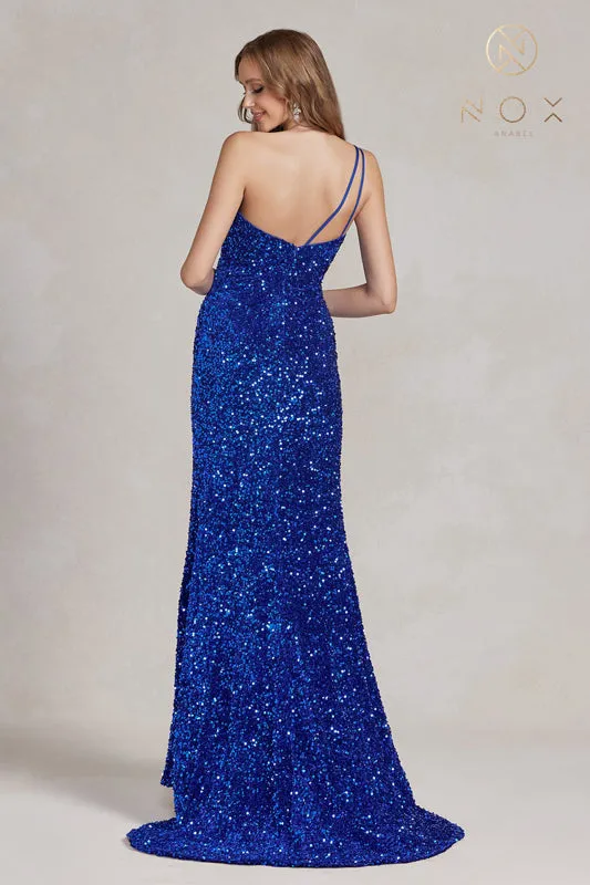 NOX ANABEL R1202 One Shoulder Slit Sequin Gown sold by The Gown Galleria product image thumbnail 5
