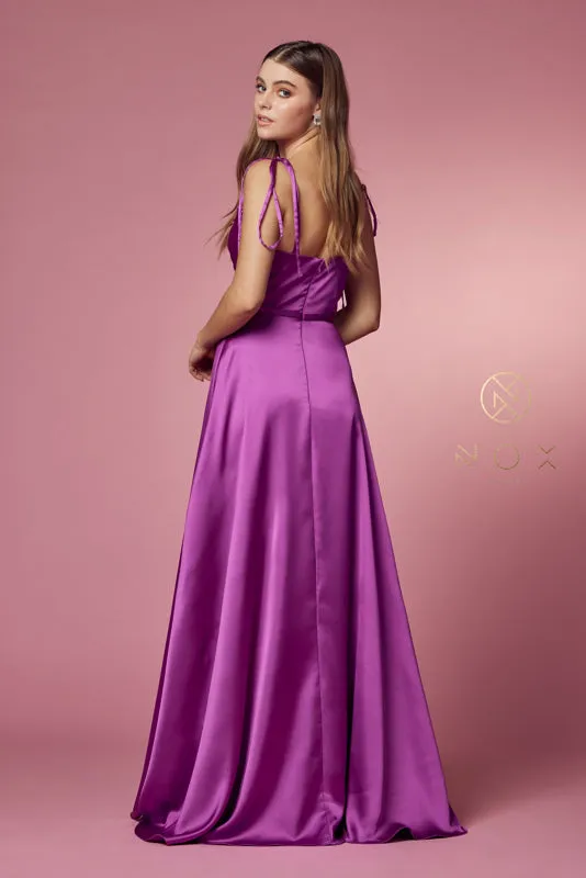 NOX ANABEL R1029 Tie Strap Satin V-Neck Prom Dress sold by The Gown Galleria product image thumbnail 5