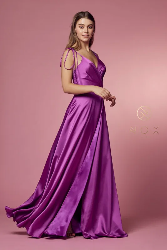 NOX ANABEL R1029 Tie Strap Satin V-Neck Prom Dress sold by The Gown Galleria product image thumbnail 4