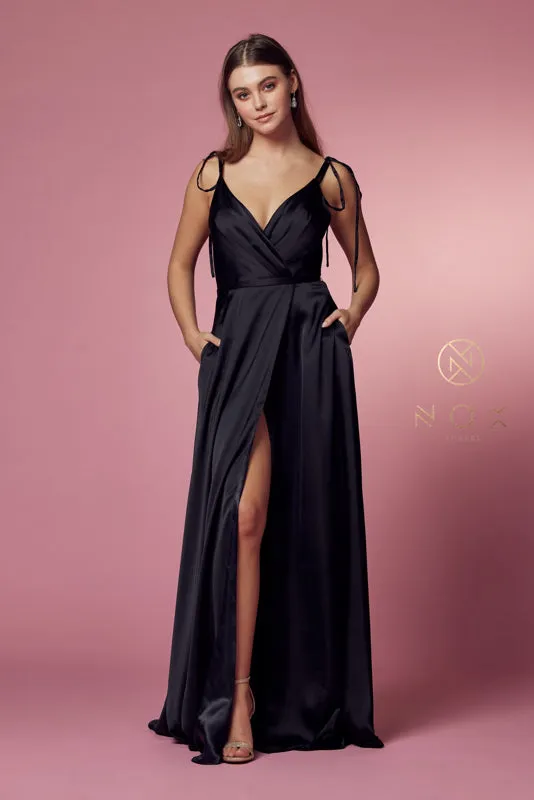 NOX ANABEL R1029 Tie Strap Satin V-Neck Prom Dress sold by The Gown Galleria