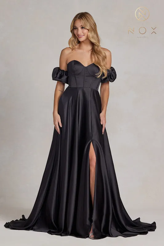 NOX ANABEL K1122 Off Shoulder Sweetheart Slit Dress sold by The Gown Galleria