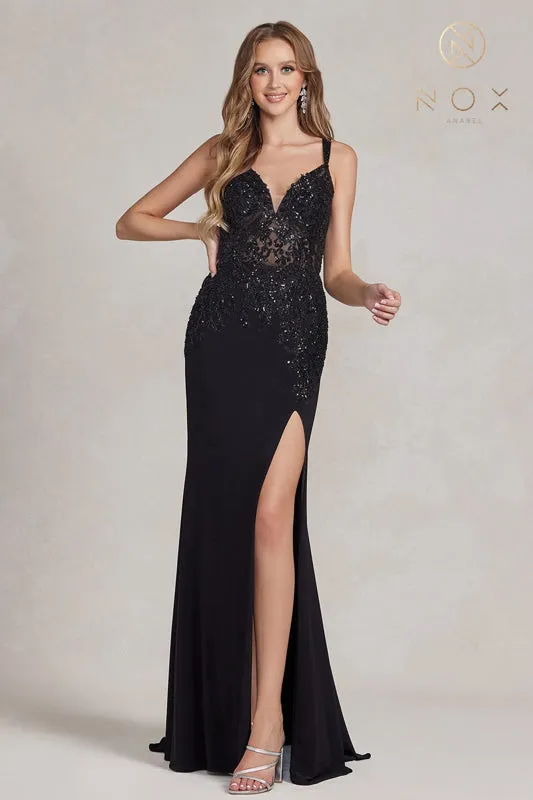 NOX ANABEL H1090 Fitted V-Neck Embroidered Gown sold by The Gown Galleria