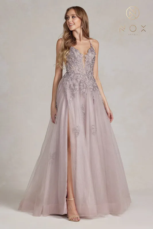 NOX ANABEL G1149 Floral Applique Tulle A-Line Gown sold by The Gown Galleria