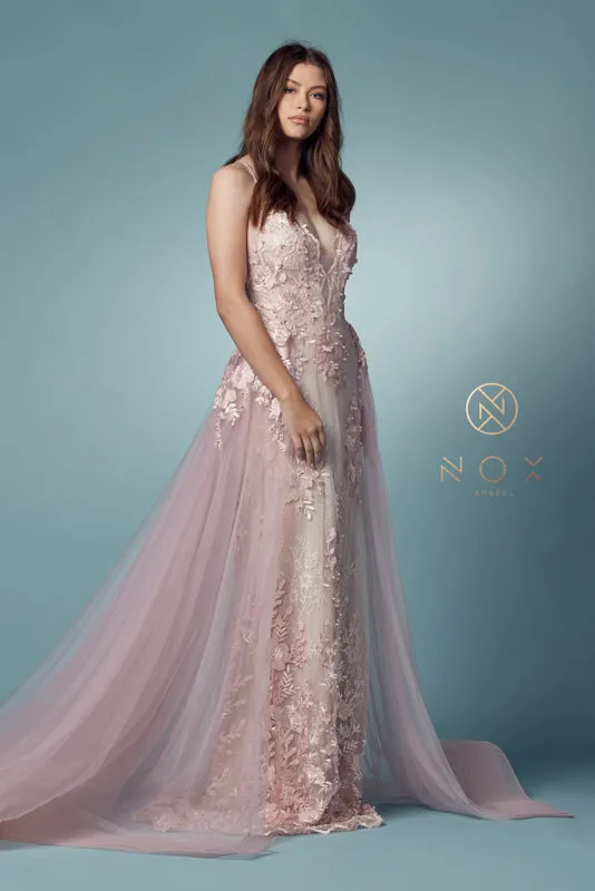 NOX ANABEL F485 Lace Applique Deep V-Neck Trumpet Gown sold by The Gown Galleria