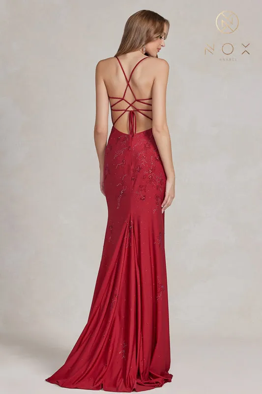 NOX ANABEL E1206 Fitted Beaded Deep V-Neck Gown sold by The Gown Galleria product image thumbnail 5
