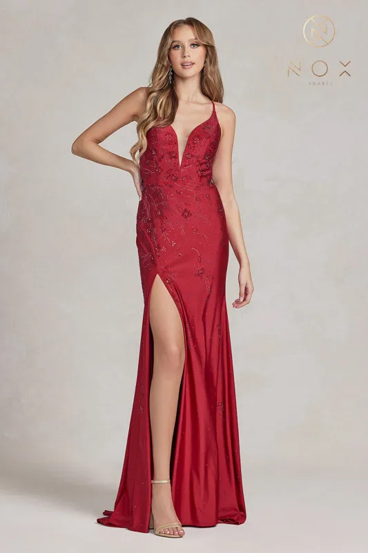 NOX ANABEL E1206 Fitted Beaded Deep V-Neck Gown sold by The Gown Galleria product image thumbnail 4