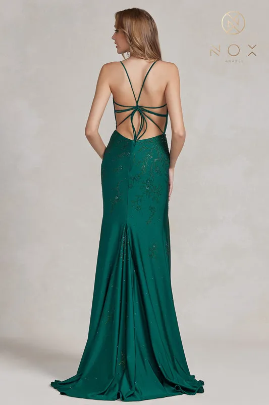 NOX ANABEL E1206 Fitted Beaded Deep V-Neck Gown sold by The Gown Galleria product image thumbnail 2