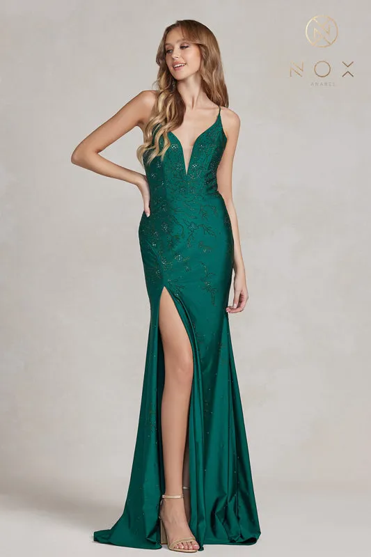 NOX ANABEL E1206 Fitted Beaded Deep V-Neck Gown sold by The Gown Galleria