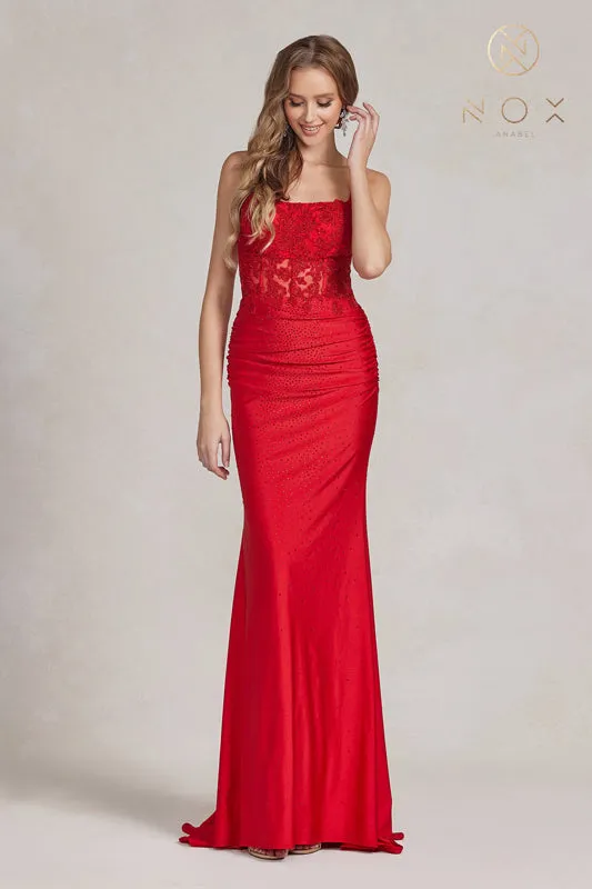 NOX ANABEL E1186 Embroidered Scoop Neck Corset Gown sold by The Gown Galleria