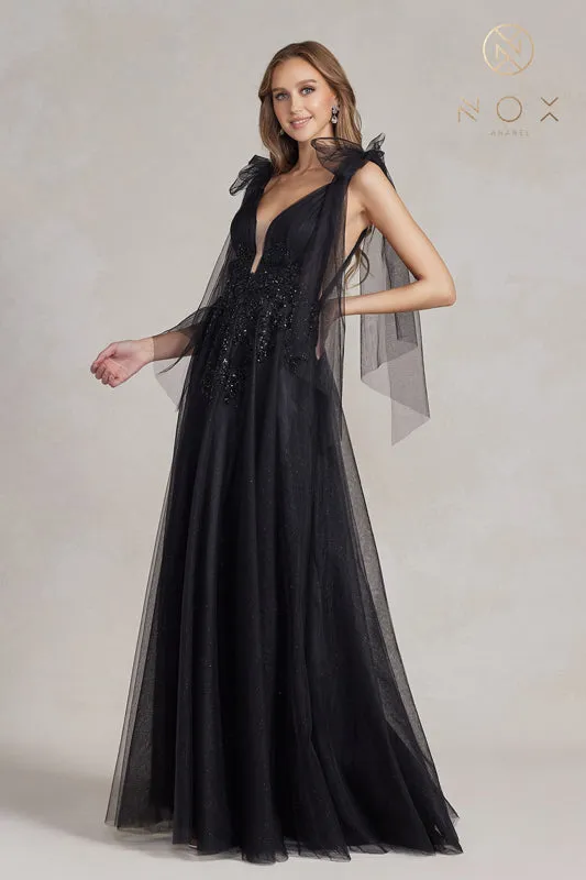 NOX ANABEL E1075 Embellished Glitter Off-Shoulder Tulle Gown sold by The Gown Galleria product image thumbnail 3
