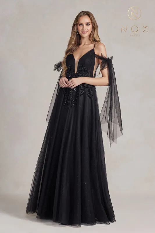 NOX ANABEL E1075 Embellished Glitter Off-Shoulder Tulle Gown sold by The Gown Galleria