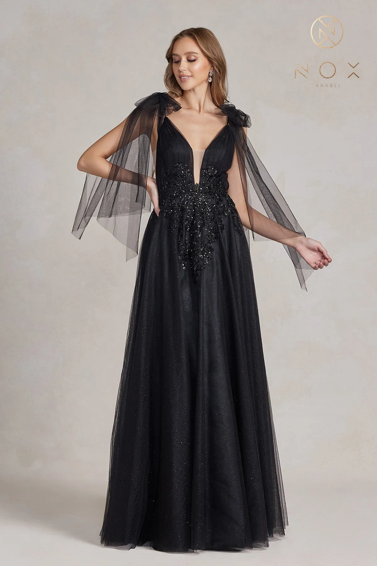 NOX ANABEL E1075 Embellished Glitter Off-Shoulder Tulle Gown sold by The Gown Galleria product image thumbnail 4