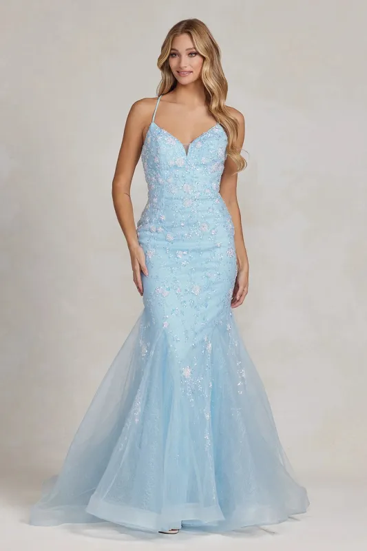 NOX ANABEL C1117 Floral Beaded Trumpet Prom Gown sold by The Gown Galleria