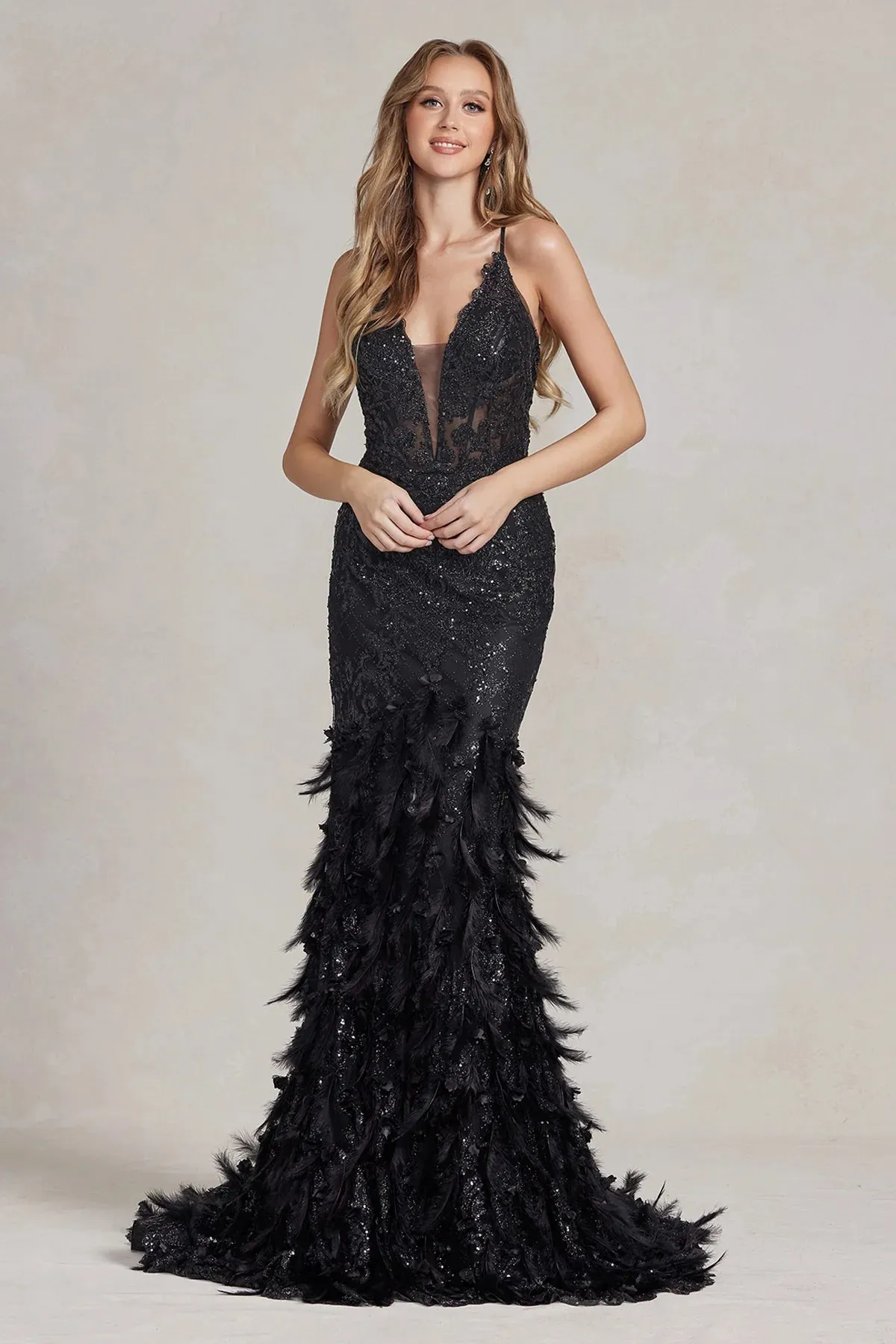 NOX ANABEL C1111 Fitted Formal Feather Prom Dress sold by The Gown Galleria product image thumbnail 4