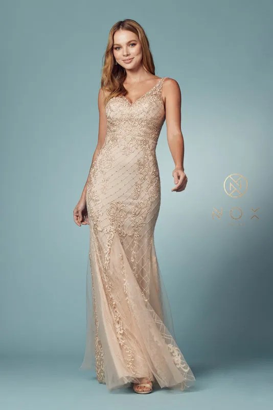 NOX ANABEL A398 Sleeveless V Neck Beaded Lace Trumpet Gown sold by The Gown Galleria
