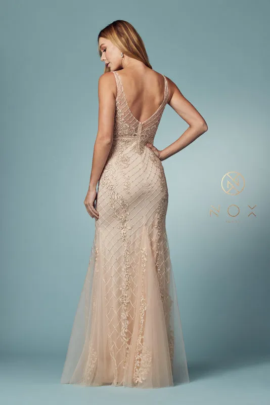 NOX ANABEL A398 Sleeveless V Neck Beaded Lace Trumpet Gown sold by The Gown Galleria product image thumbnail 3