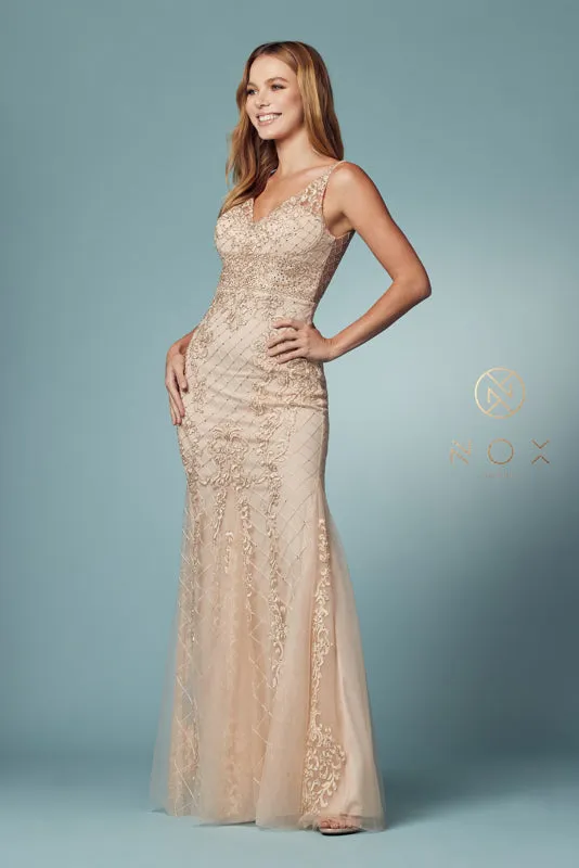 NOX ANABEL A398 Sleeveless V Neck Beaded Lace Trumpet Gown sold by The Gown Galleria product image thumbnail 2