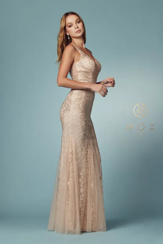 NOX ANABEL A398 Sleeveless V Neck Beaded Lace Trumpet Gown sold by The Gown Galleria product image thumbnail 4