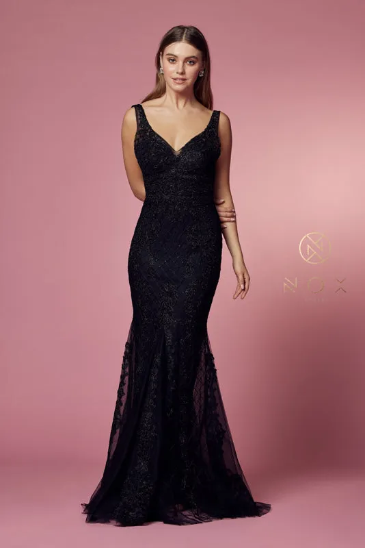 NOX ANABEL A398 Sleeveless V Neck Beaded Lace Trumpet Gown sold by The Gown Galleria product image thumbnail 5